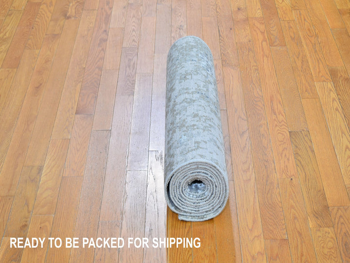 2'5" x 12'1" New Hand Knotted Grey Wool & Silk Runner Oriental Rug - MOA10259617