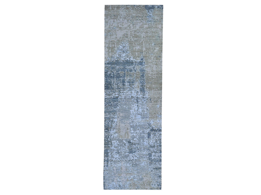 2'6" x 12'3" New Hand Knotted Blue Wool & Silk Runner Oriental Rug - MOA10259623