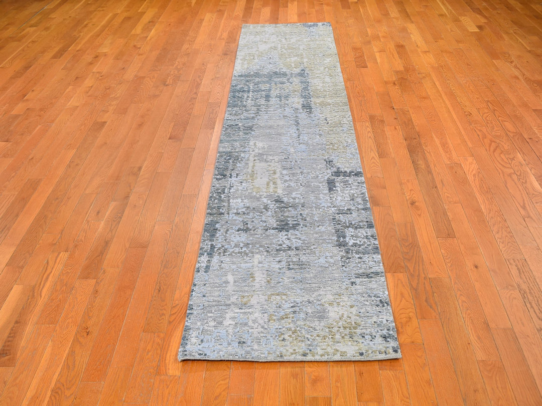 2'6" x 12'3" New Hand Knotted Blue Wool & Silk Runner Oriental Rug - MOA10259623