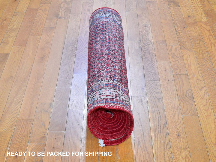 3'8" x 9'9" New Hand Knotted Red Wool Runner Oriental Rug - MOA10259666