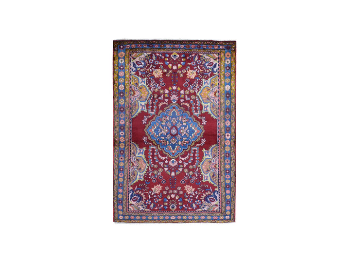 3'8" x 5'10" Vintage Hand Knotted Red Wool Rectangle Oriental Rug - MOA10259680