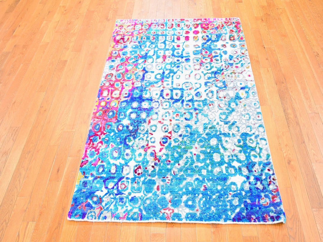 4'0" x 6'0" New Hand Knotted Blue Wool & Silk Rectangle Oriental Rug - MOA10259719