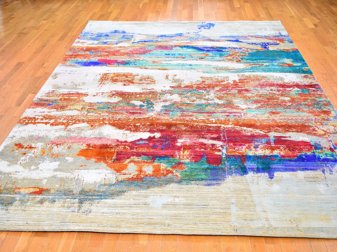 9'0" x 12'3" New Hand Knotted Orange Silk Rectangle Oriental Rug - MOA10259725