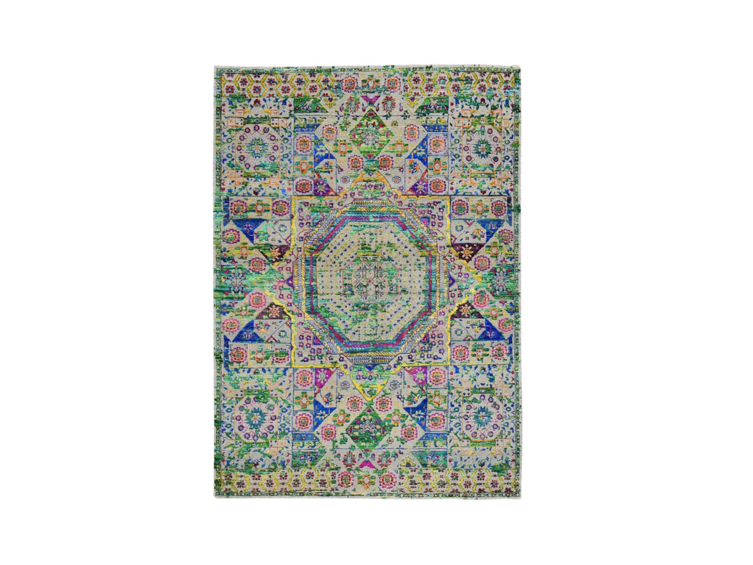 5'0" x 7'0" New Hand Knotted Green Wool & Art Silk Rectangle Oriental Rug - MOA10259728