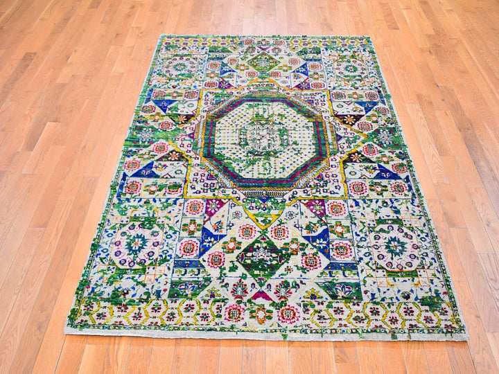 5'0" x 7'0" New Hand Knotted Green Wool & Art Silk Rectangle Oriental Rug - MOA10259728