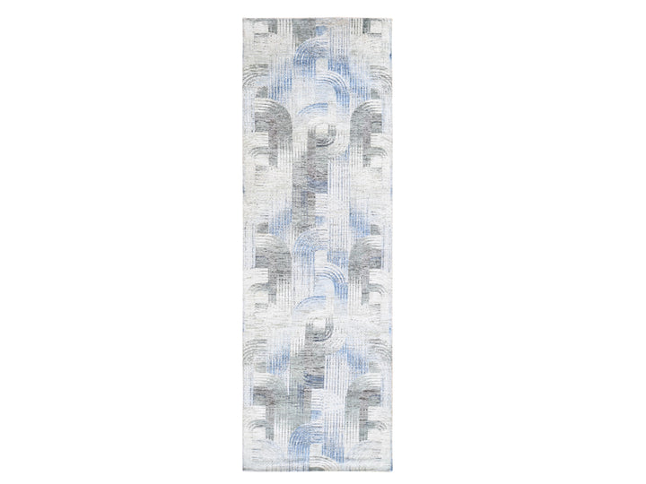 4'0" x 12'5" New Hand Knotted Blue Wool & Silk Runner Oriental Rug - MOA10259732
