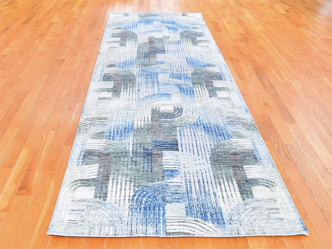 4'0" x 12'5" New Hand Knotted Blue Wool & Silk Runner Oriental Rug - MOA10259732