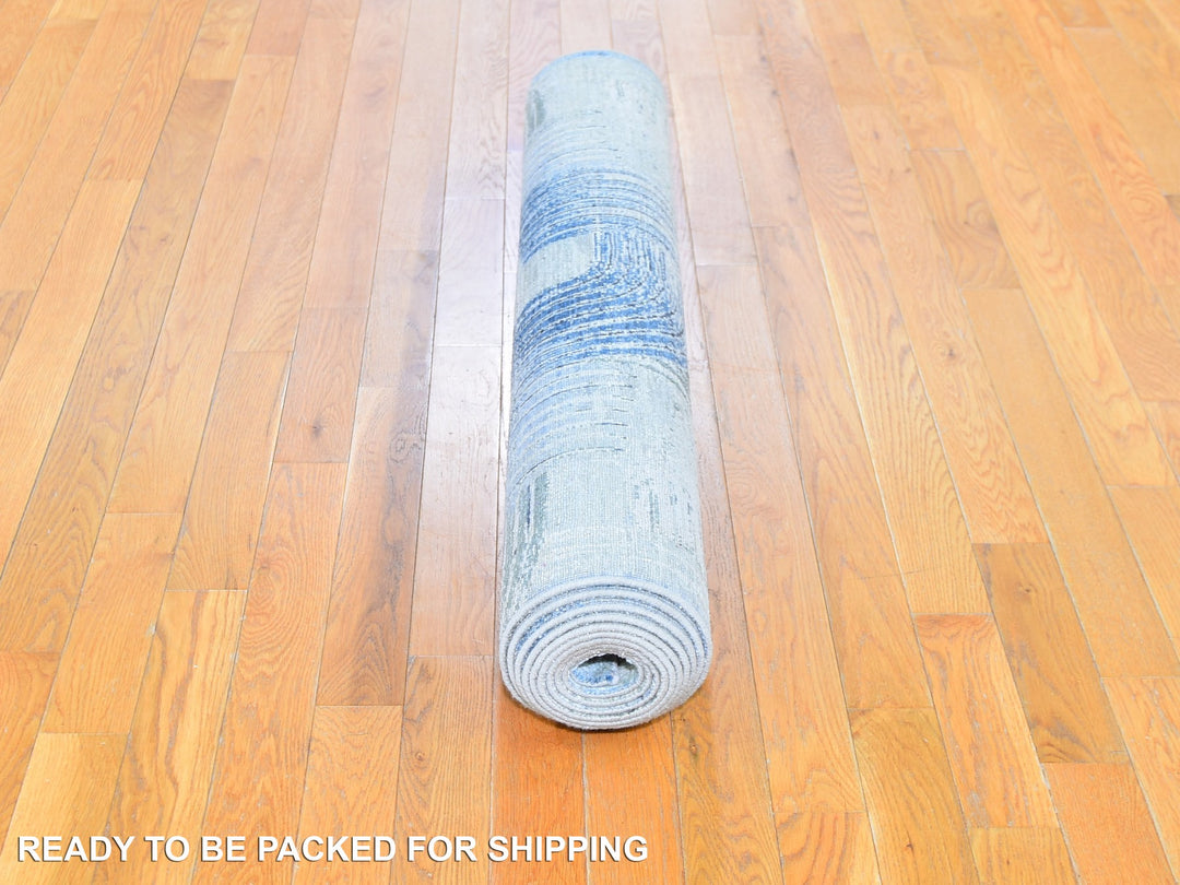 4'0" x 12'5" New Hand Knotted Blue Wool & Silk Runner Oriental Rug - MOA10259732