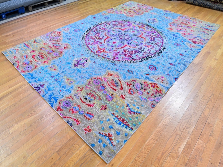 9'9" x 13'8" New Hand Knotted Blue Wool & Silk Rectangle Oriental Rug - MOA10259736
