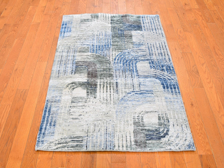 3'1" x 5'0" New Hand Knotted Blue Wool & Silk Rectangle Oriental Rug - MOA10259737
