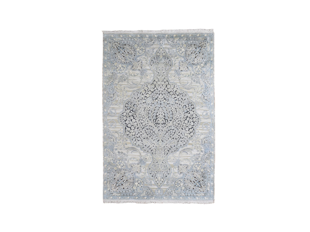 4'0" x 6'3" New Hand Knotted Blue Wool & Silk Rectangle Oriental Rug - MOA10259745