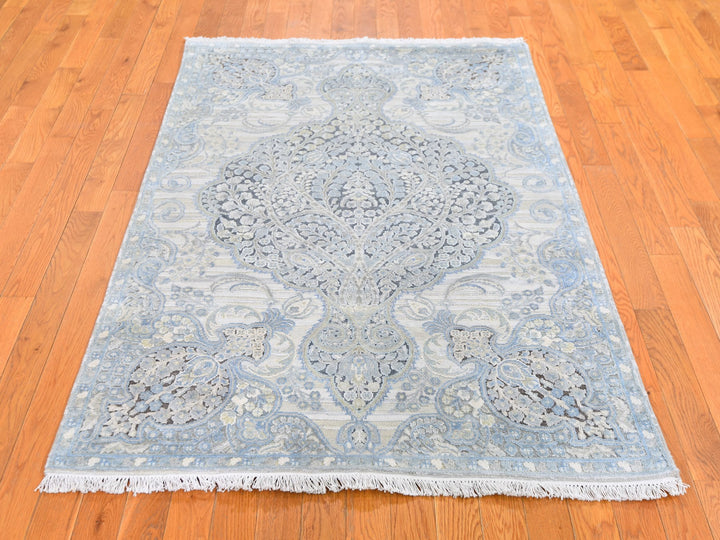 4'0" x 6'3" New Hand Knotted Blue Wool & Silk Rectangle Oriental Rug - MOA10259745