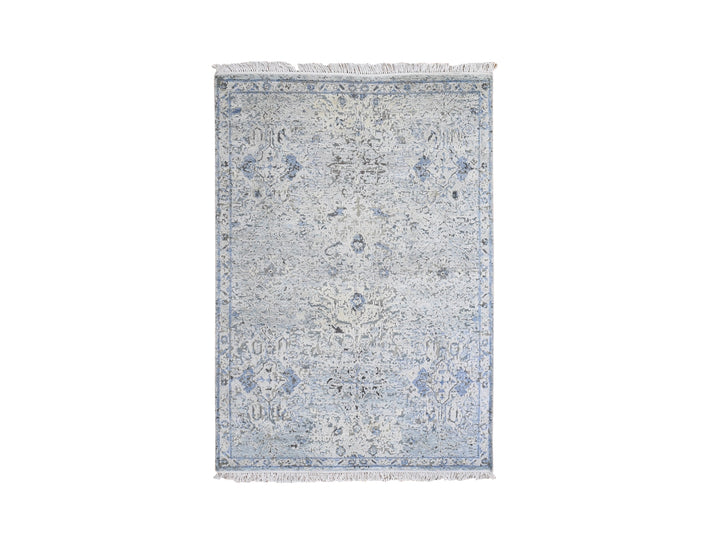 4'0" x 6'0" New Hand Knotted Blue Wool & Silk Rectangle Oriental Rug - MOA10259750