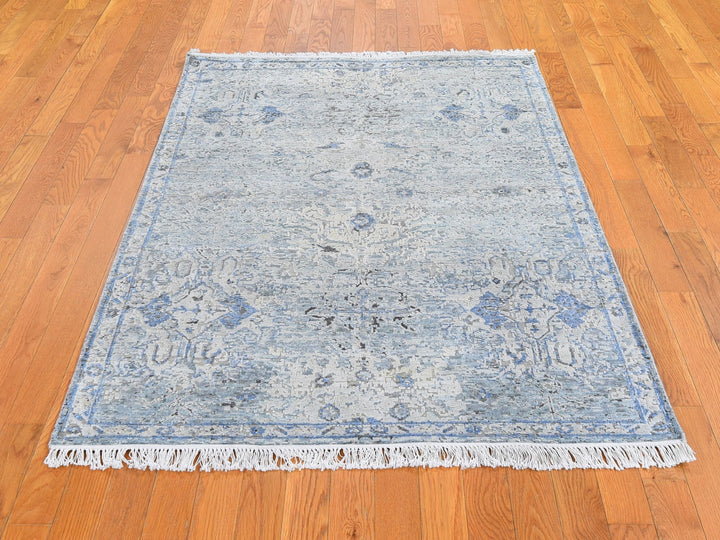 4'0" x 6'0" New Hand Knotted Blue Wool & Silk Rectangle Oriental Rug - MOA10259750