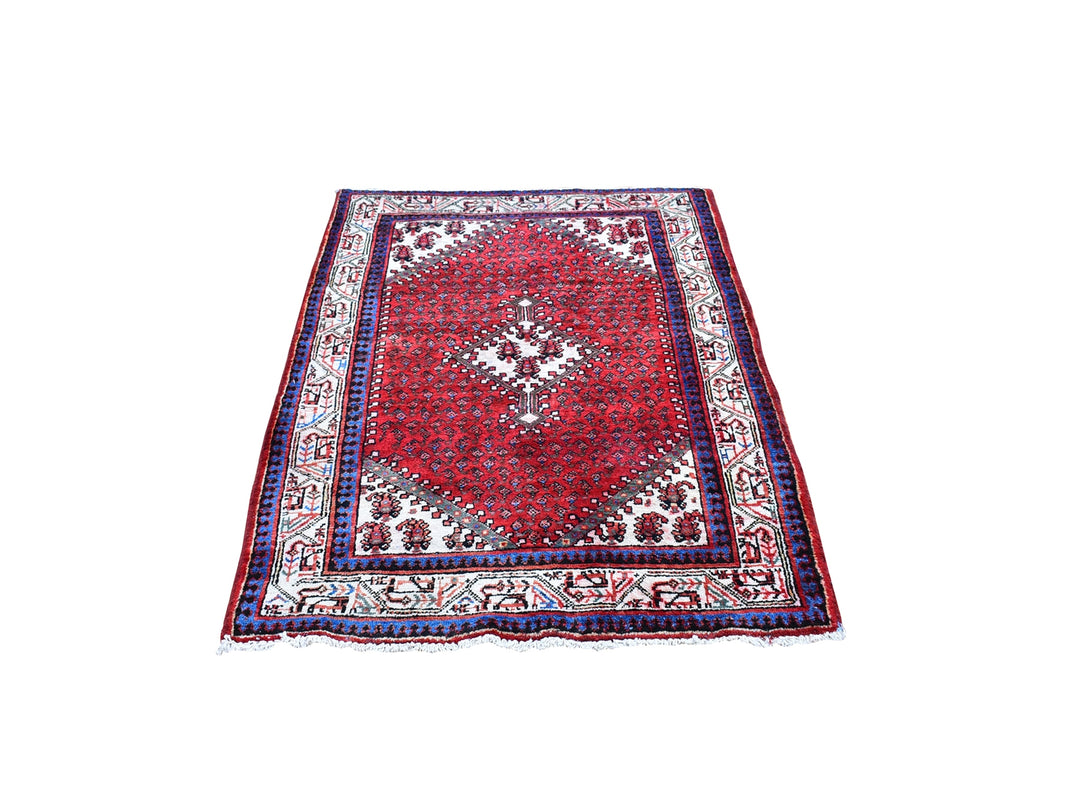 3'7" x 5'0" Vintage Hand Knotted Red Wool Rectangle Oriental Rug - MOA10259904
