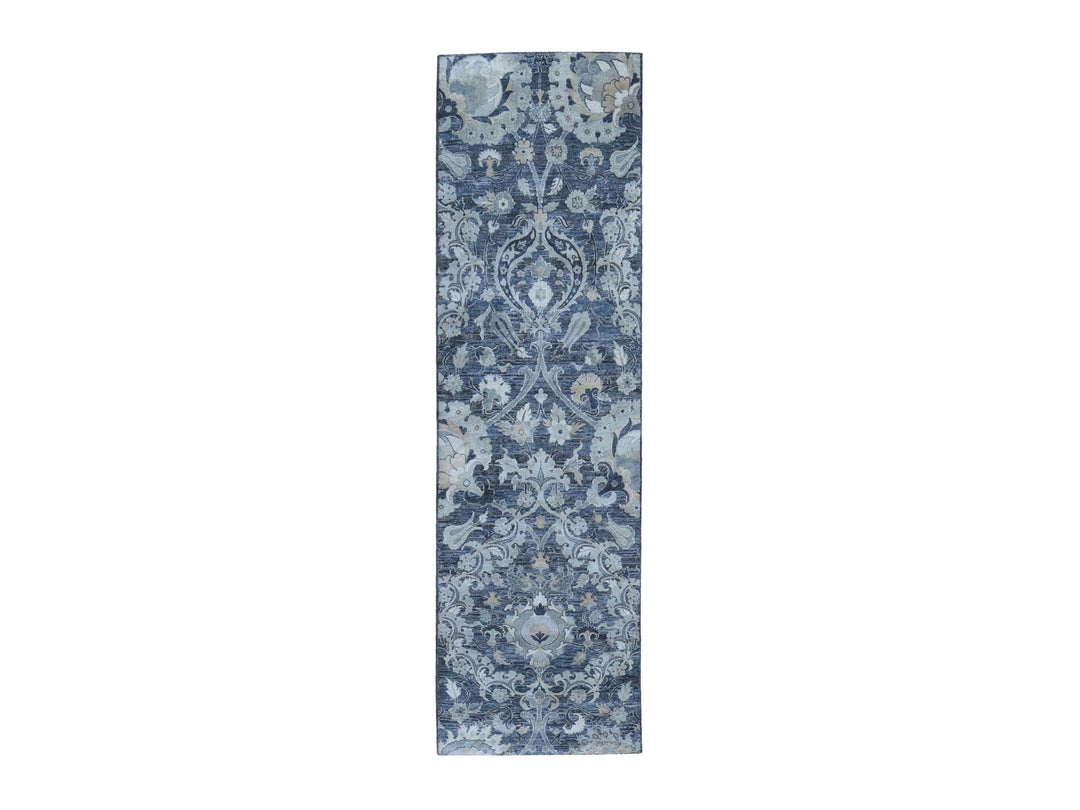 3'0" x 10'2" New Hand Knotted Grey Wool & Silk Runner Oriental Rug - MOA10259952