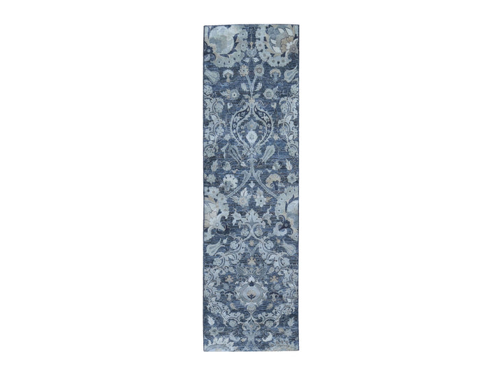 3'0" x 10'2" New Hand Knotted Grey Wool & Silk Runner Oriental Rug - MOA10259952