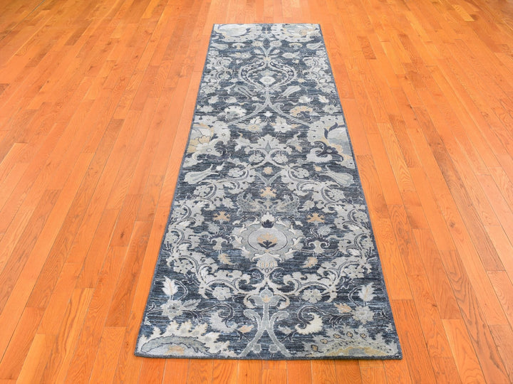 3'0" x 10'2" New Hand Knotted Grey Wool & Silk Runner Oriental Rug - MOA10259952