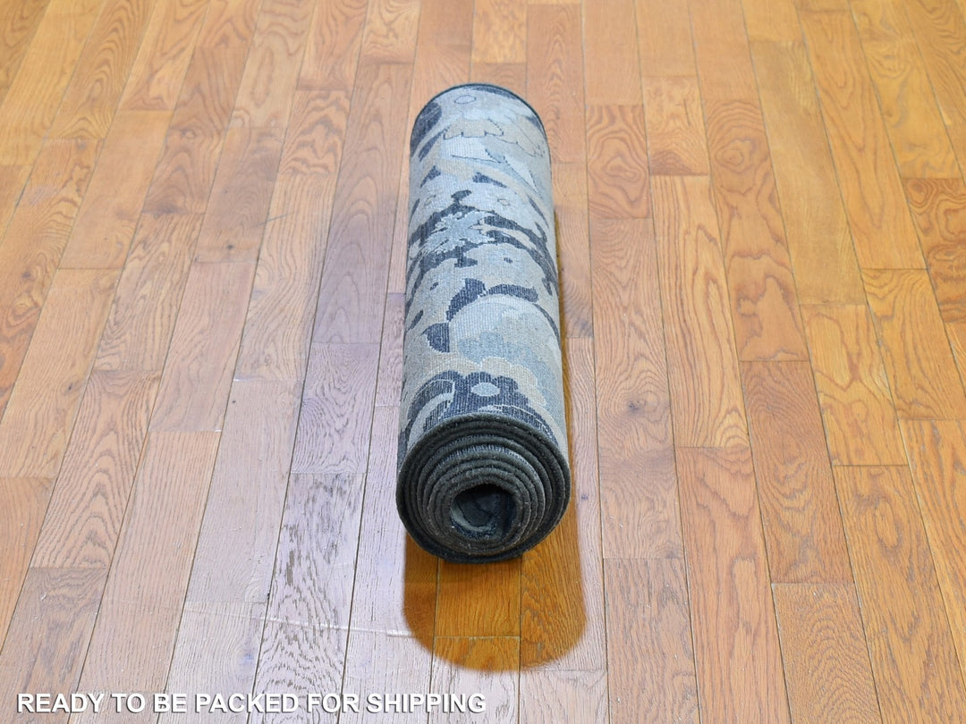 3'0" x 10'2" New Hand Knotted Grey Wool & Silk Runner Oriental Rug - MOA10259952