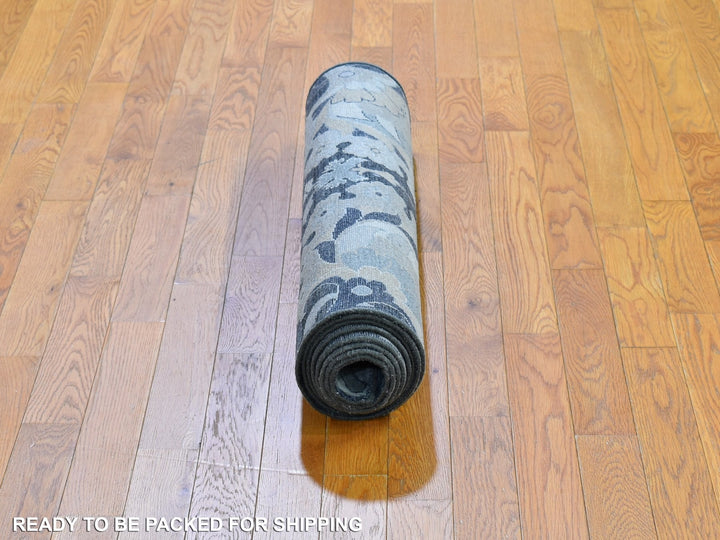 3'0" x 10'2" New Hand Knotted Grey Wool & Silk Runner Oriental Rug - MOA10259952
