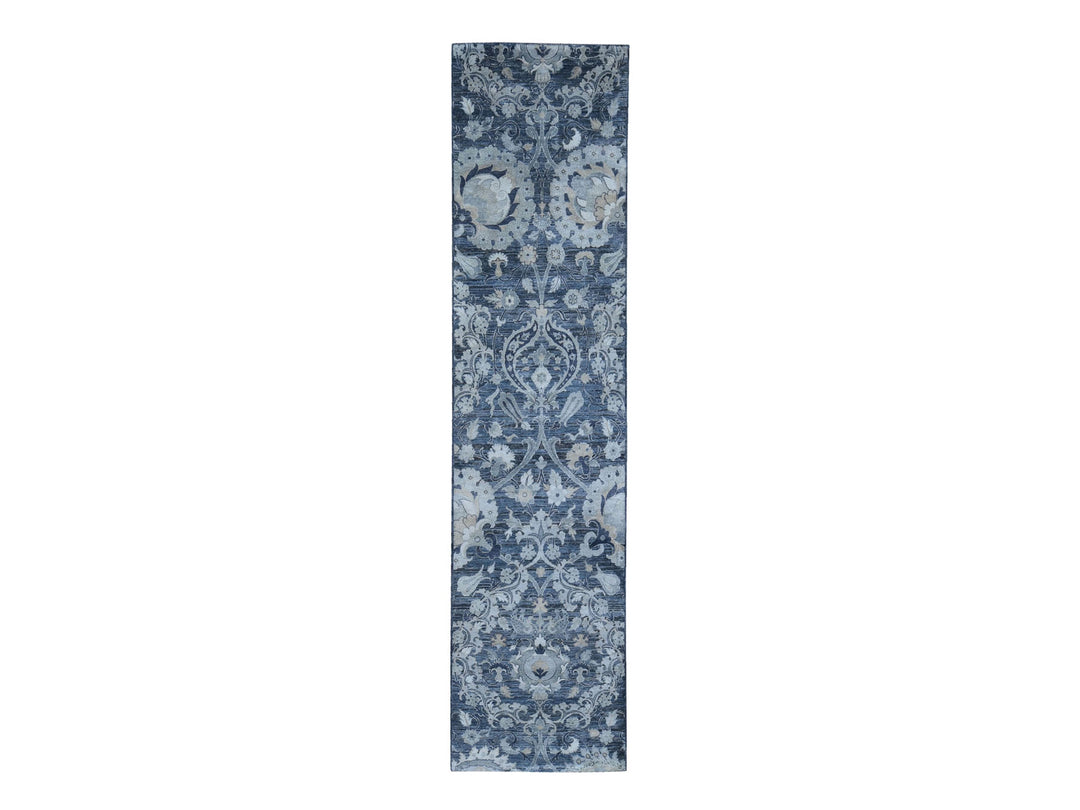 3'0" x 12'2" New Hand Knotted Grey Wool & Silk Runner Oriental Rug - MOA10259953
