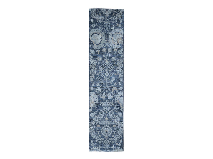 3'0" x 12'2" New Hand Knotted Grey Wool & Silk Runner Oriental Rug - MOA10259953