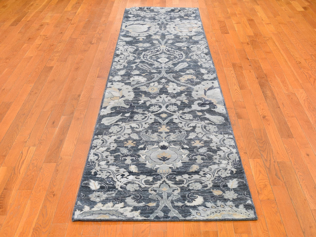 3'0" x 12'2" New Hand Knotted Grey Wool & Silk Runner Oriental Rug - MOA10259953