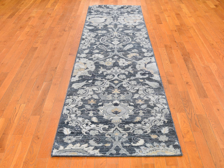 3'0" x 12'2" New Hand Knotted Grey Wool & Silk Runner Oriental Rug - MOA10259953