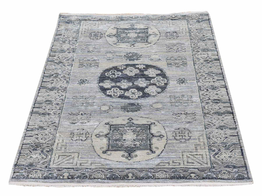 3'0" x 5'2" New Hand Knotted Grey Wool & Silk Rectangle Oriental Rug - MOA10259954