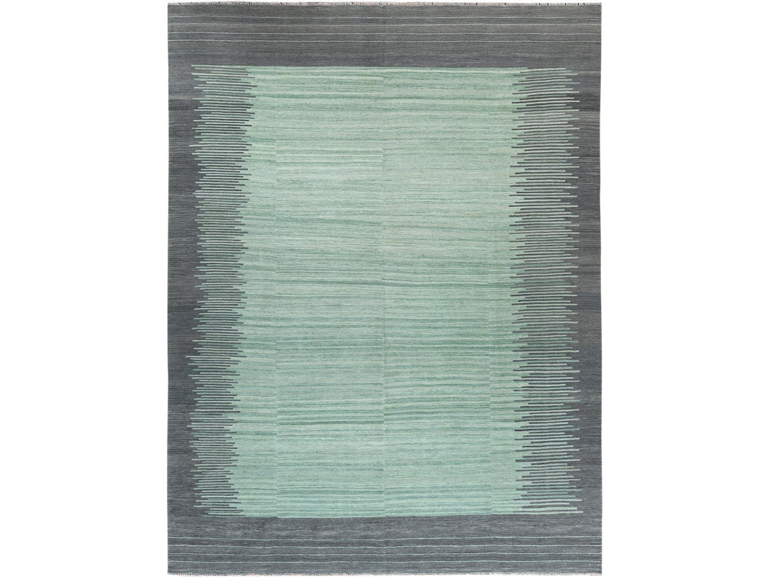 9'2" x 12'0" New Hand Woven Green Wool Rectangle Oriental Rug - MOA10260023