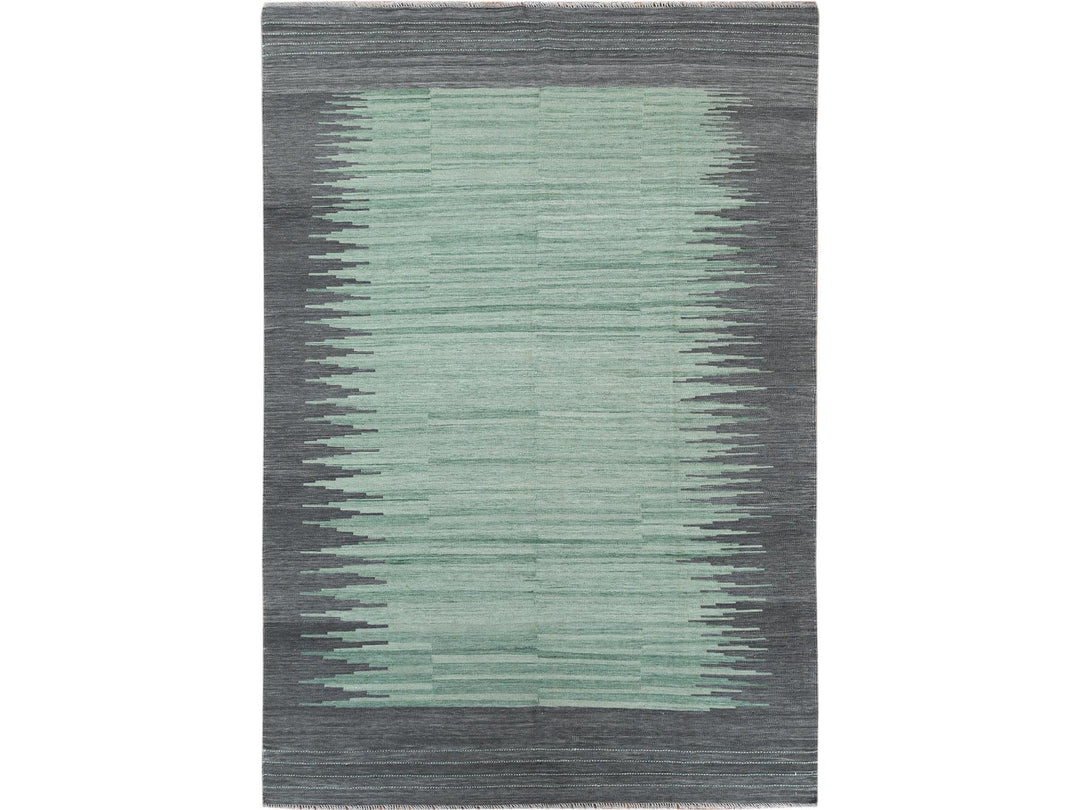 6'1" x 9'1" New Hand Woven Green Wool Rectangle Oriental Rug - MOA10260026