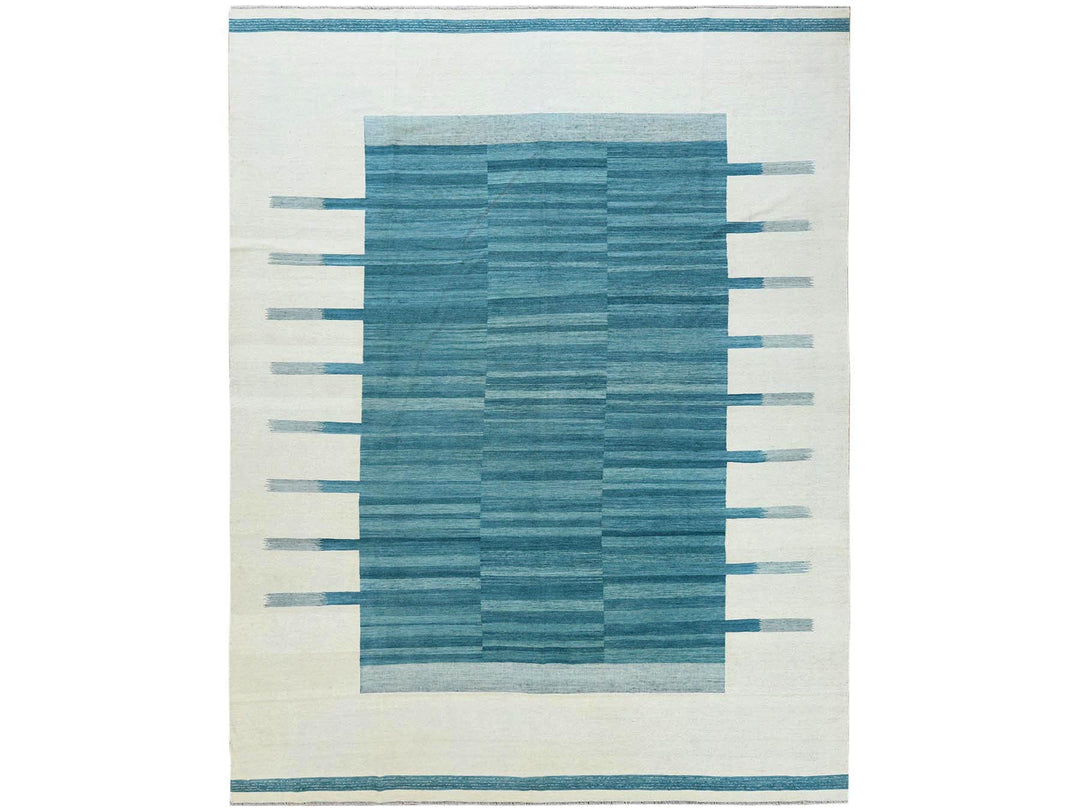 10'8" x 14'1" New Hand Woven Teal Wool Rectangle Oriental Rug - MOA10260053