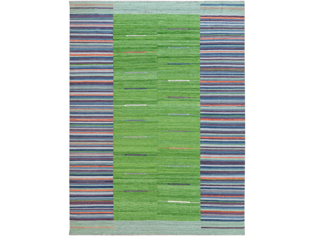 9'3" x 12'1" New Hand Woven Green Wool Rectangle Oriental Rug - MOA10260091