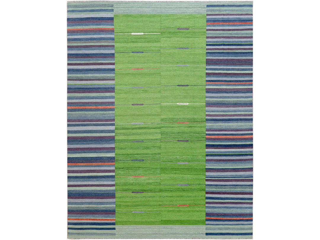 9'4" x 12'1" New Hand Woven Green Wool Rectangle Oriental Rug - MOA10260092