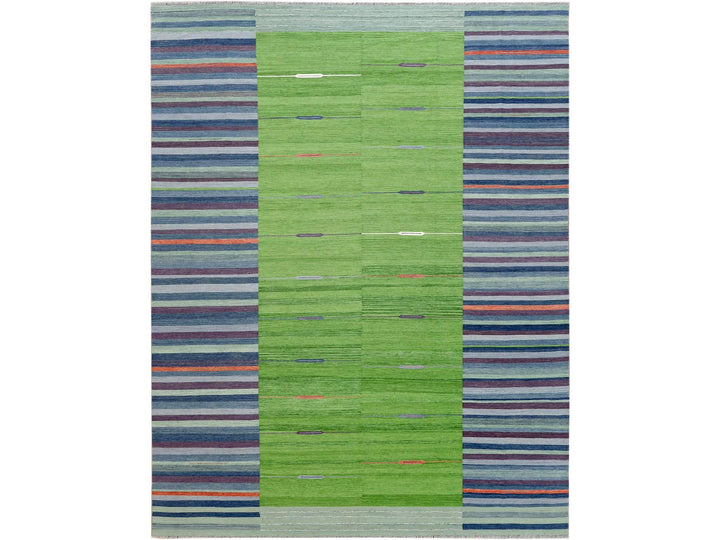 9'4" x 12'1" New Hand Woven Green Wool Rectangle Oriental Rug - MOA10260092