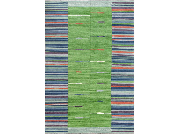 6'2" x 9'2" New Hand Woven Green Wool Rectangle Oriental Rug - MOA10260095