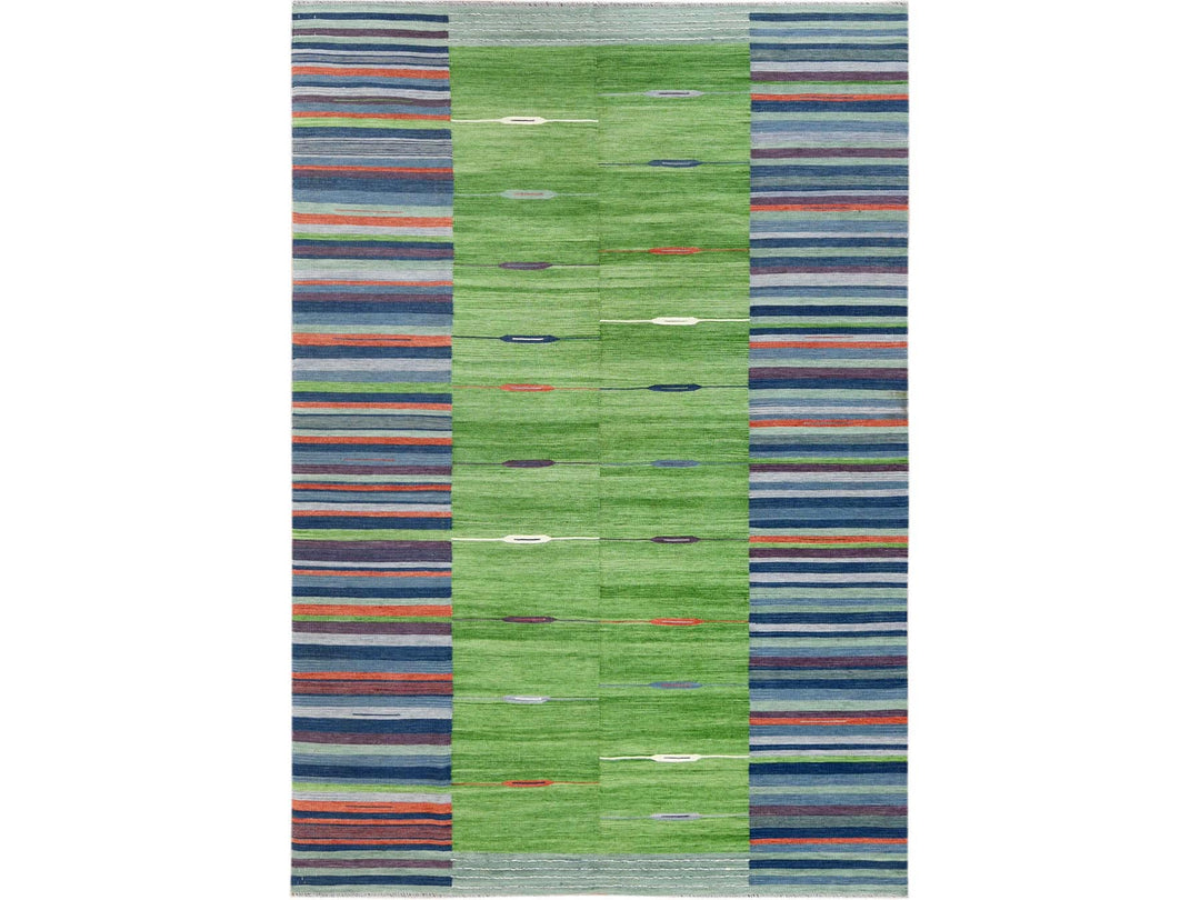 6'3" x 9'2" New Hand Woven Green Wool Rectangle Oriental Rug - MOA10260096