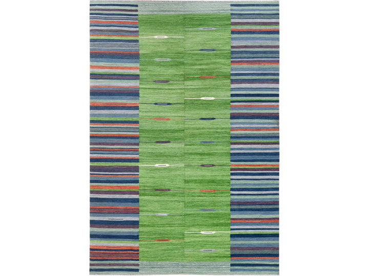 6'3" x 9'2" New Hand Woven Green Wool Rectangle Oriental Rug - MOA10260096
