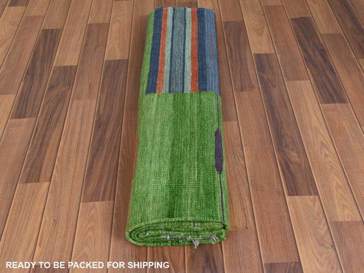 6'3" x 9'2" New Hand Woven Green Wool Rectangle Oriental Rug - MOA10260096