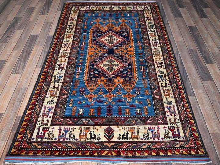 3'11" x 6'4" New Hand Knotted Blue Wool Rectangle Oriental Rug - MOA102600