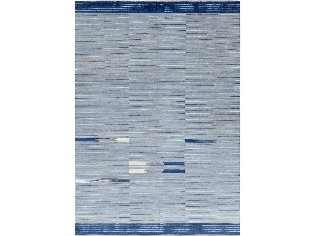 6'4" x 9'1" New Hand Woven Blue Wool Rectangle Oriental Rug - MOA10260110