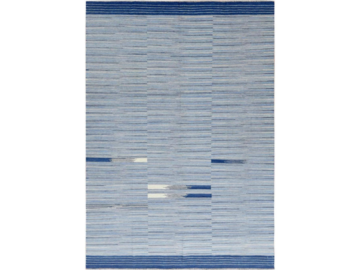 6'4" x 9'1" New Hand Woven Blue Wool Rectangle Oriental Rug - MOA10260110