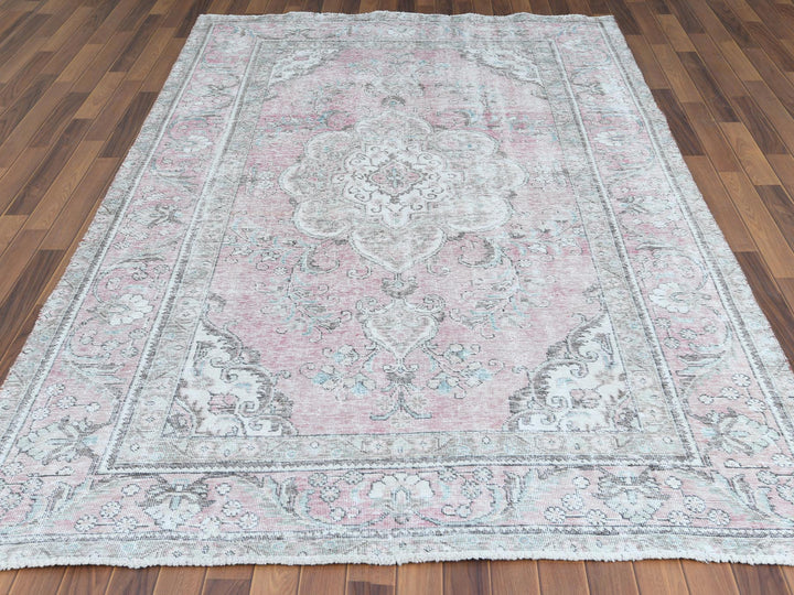 6'4" x 9'6" Vintage Hand Knotted Red Worn Wool Rectangle Oriental Rug - MOA10260187