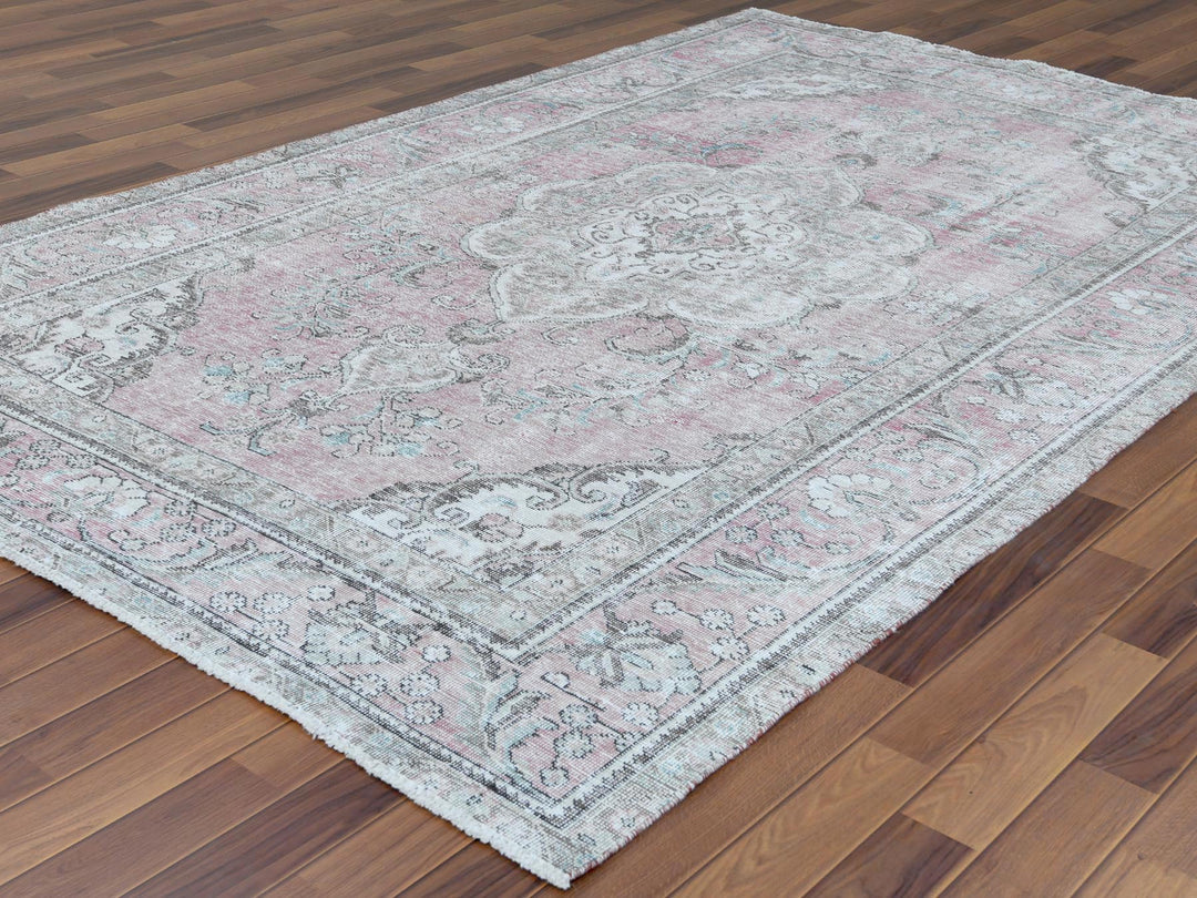 6'4" x 9'6" Vintage Hand Knotted Red Worn Wool Rectangle Oriental Rug - MOA10260187