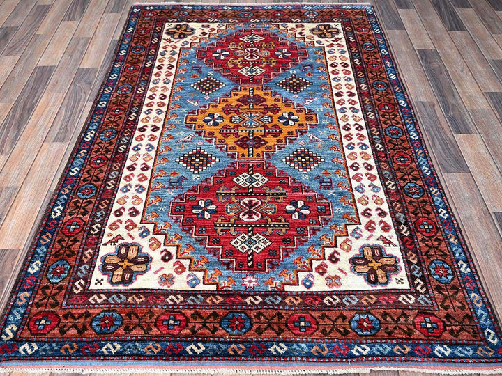4'2" x 6'2" New Hand Knotted Blue Wool Rectangle Oriental Rug - MOA102602