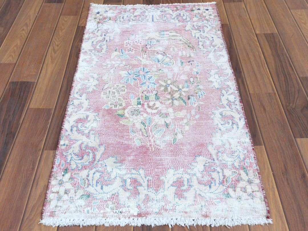 1'10" x 3'4" Vintage Hand Knotted Red Worn Wool Rectangle Oriental Rug - MOA10260462