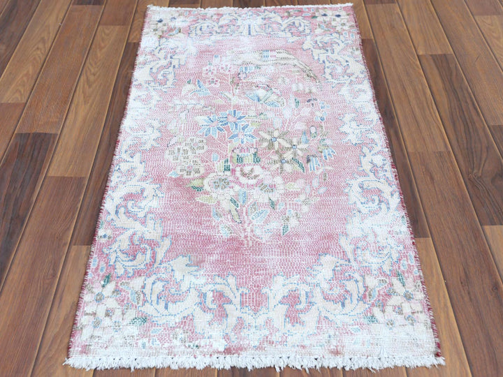 1'10" x 3'4" Vintage Hand Knotted Red Worn Wool Rectangle Oriental Rug - MOA10260462
