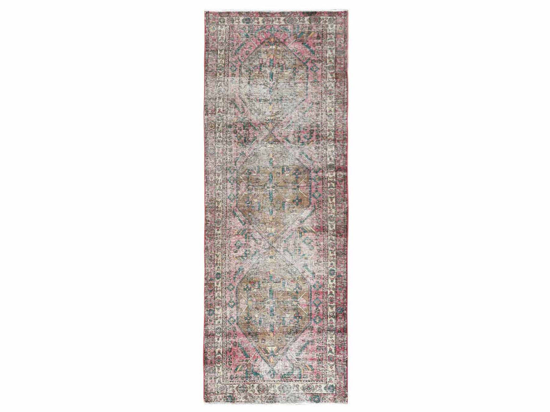 3'10" x 10'3" Vintage Hand Knotted Red Worn Wool Runner Oriental Rug - MOA10260505