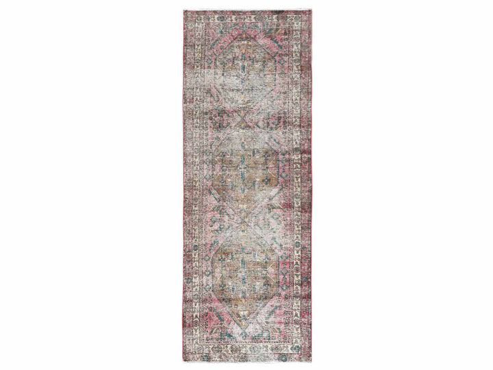 3'10" x 10'3" Vintage Hand Knotted Red Worn Wool Runner Oriental Rug - MOA10260505