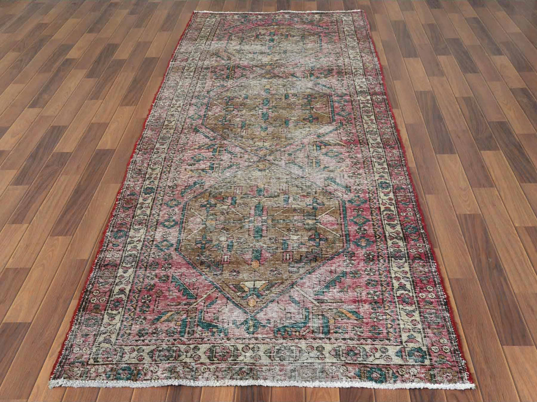 3'10" x 10'3" Vintage Hand Knotted Red Worn Wool Runner Oriental Rug - MOA10260505
